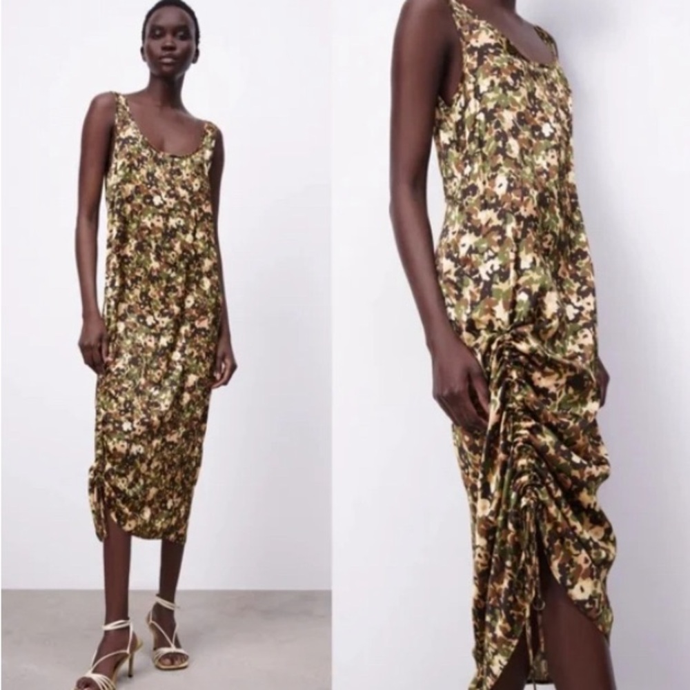 ZARA Satin Effect Camo Print Slip Midi Dress size extra small